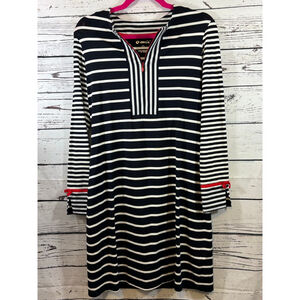 Women's IBKÜL Navy White Stripe Long Sleeve Dress S with Red Accents